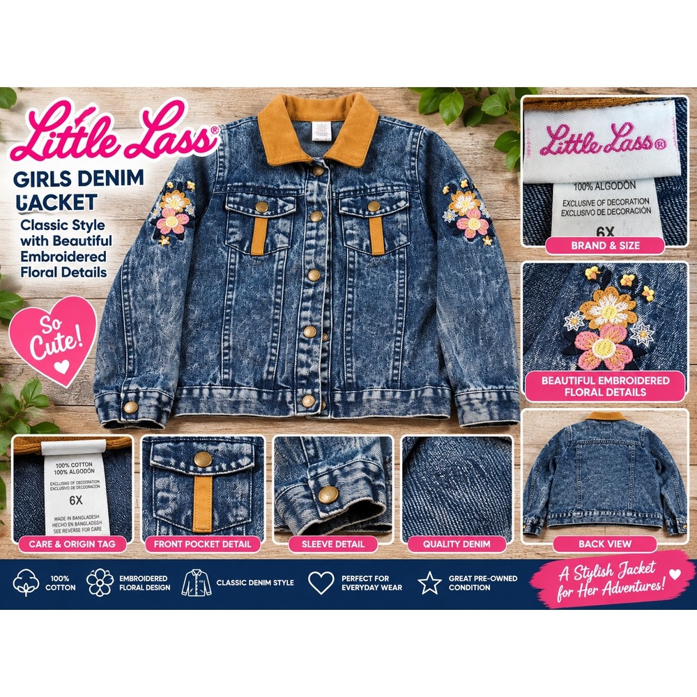 Little Lass Girls Denim Jacket Acid Wash Floral Embroidered Size 6X WGCJ038L